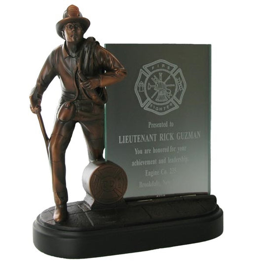 8 1/4" Firefighter Trophy Figure, Electroplated In Bronze